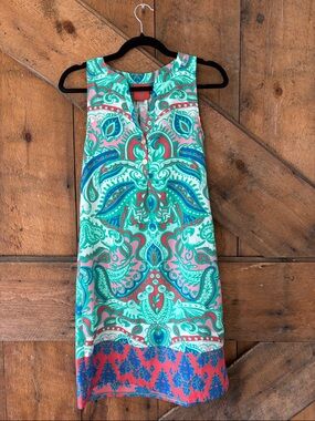 Tracy Negoshian Turquoise, Coral & Blue Paisley Mini Dress